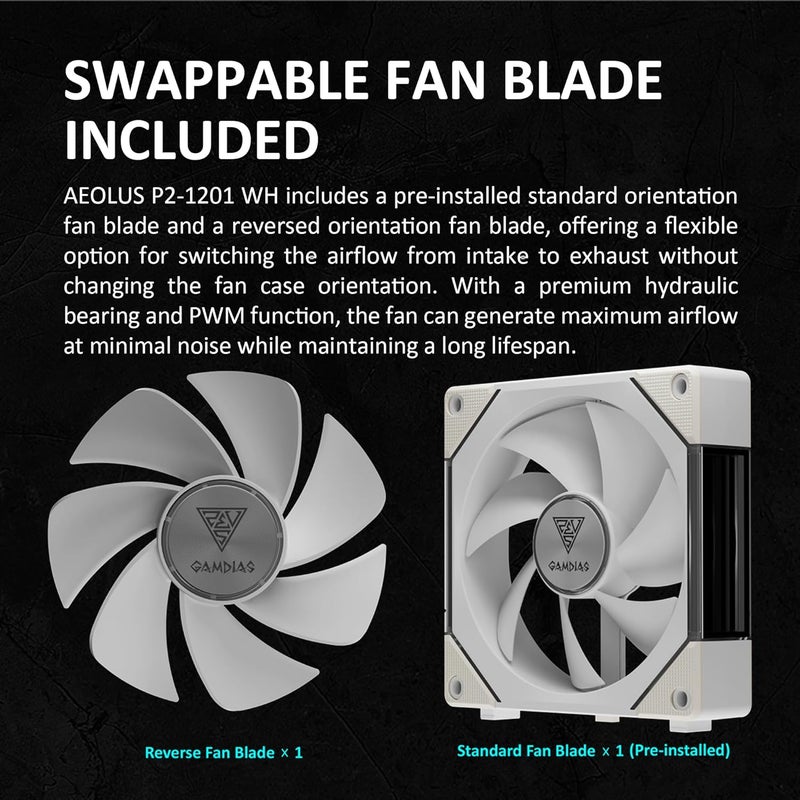 GAMDIAS AEOLUS P2-1203 120mm ARGB PWM Fan (3 Pack, no Hub), Include Reverse Fan Blade x3 & Controller, ARGB Sync, Easy Installation & Cabless Daisy-Chain Design, Silent Operation, Up to 2400RPM, White - Image 5
